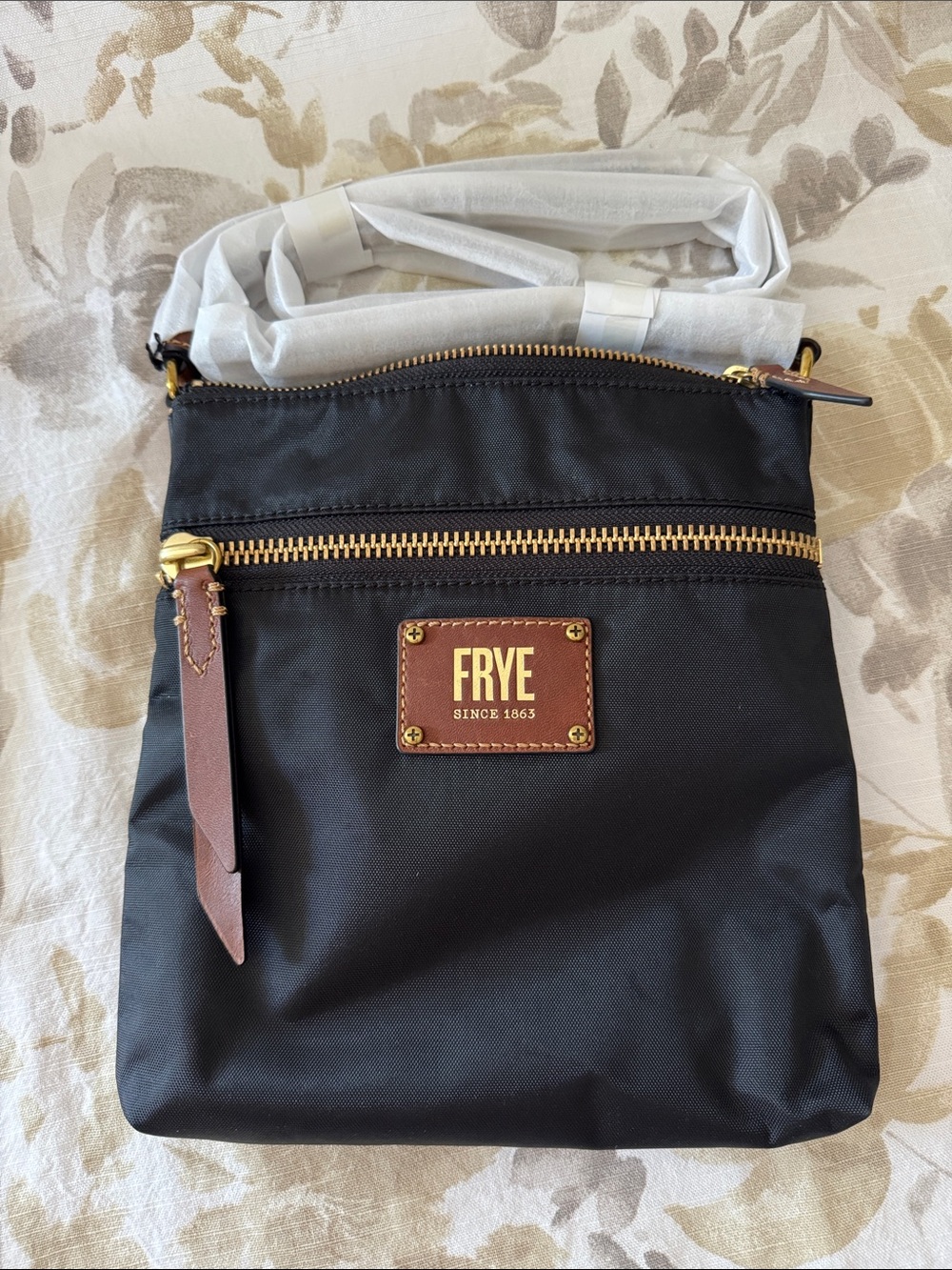 Frye Black Nylon Crossbody with Brown Leather Accents
